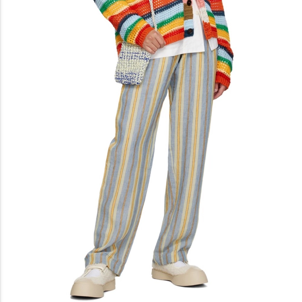 Nicholas Daley Linen Striped Trousers in Blue/Mustard, Size 34 NEW w/Tag $650